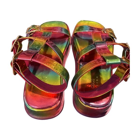 ASOS 8 Chunky Rainbow Platform Gladiator Sandals Holographic Y2K Festival - Picture 6 of 9